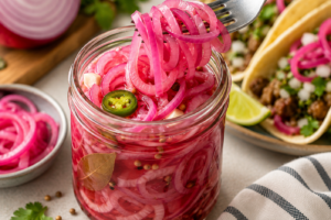Pickled red onions in a mason jar in the foreground with street tacos in the background