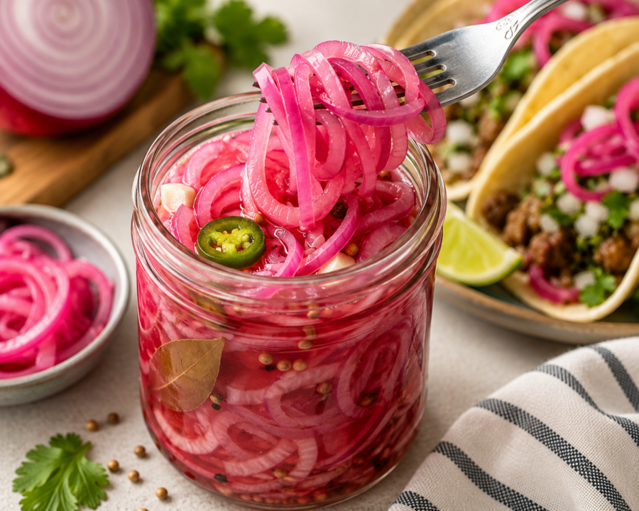 Pickled red onions in a mason jar in the foreground with street tacos in the background