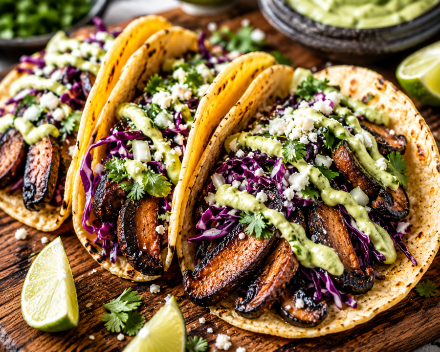 Chipotle Portobello Mushroom Tacos Plated Closeup Shot