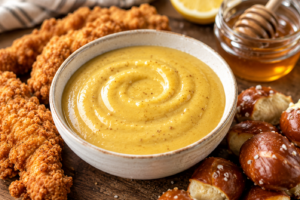 Homemade honey mustard in a ramekin paired with chicken tenders and pretzel bites