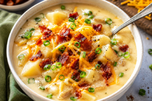 Instant Pot Potato Soup in Bowl with Garnish on Top