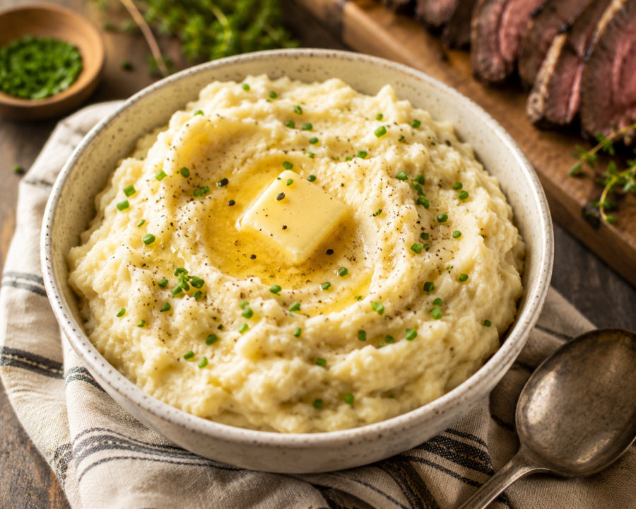 Instant pot mashed potatoes plated with butter melting over the top