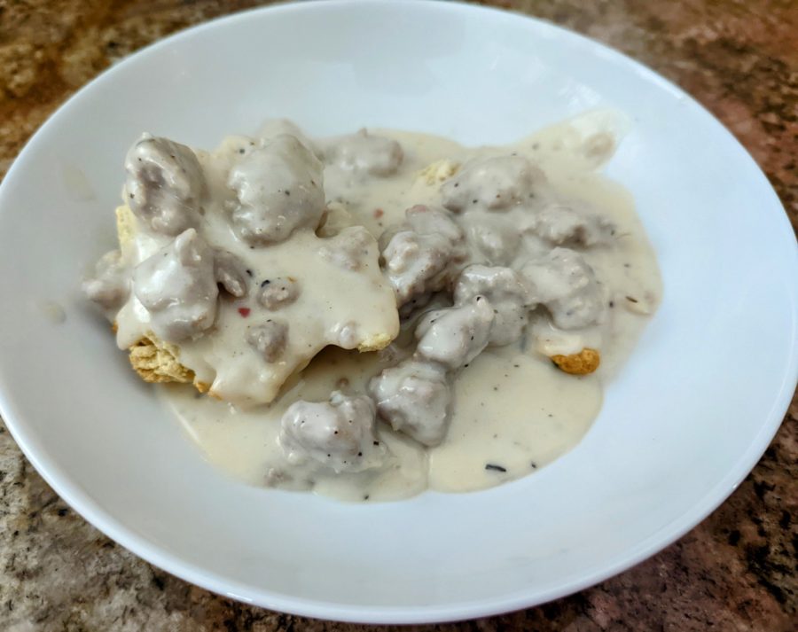 Sausage Gravy and Biscuits Plated