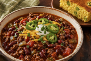Classic Elk Chili Plated with Jalapeno Cornbread on the side