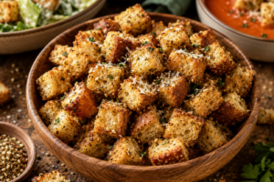 Easy homemade croutons in a bowl with tomato soup and caesar salad in the background