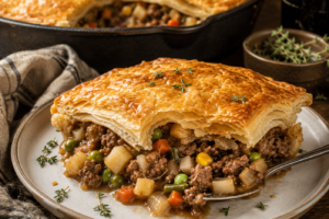 Ground Beef Pot Pie in a cast iron pan with one piece plated to serve