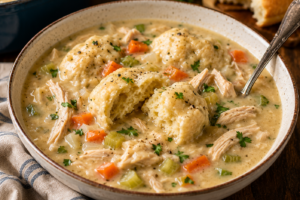 Shortcut chicken and dumplings in a bowl ready to serve