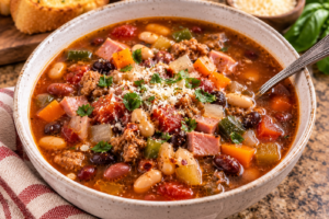 Supreme Pizza Chili in a bowl ready to serve with garlic bread in the background