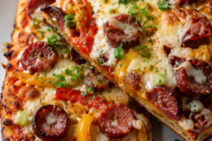 Cajun andouille flatbread pizza plated and ready to serve